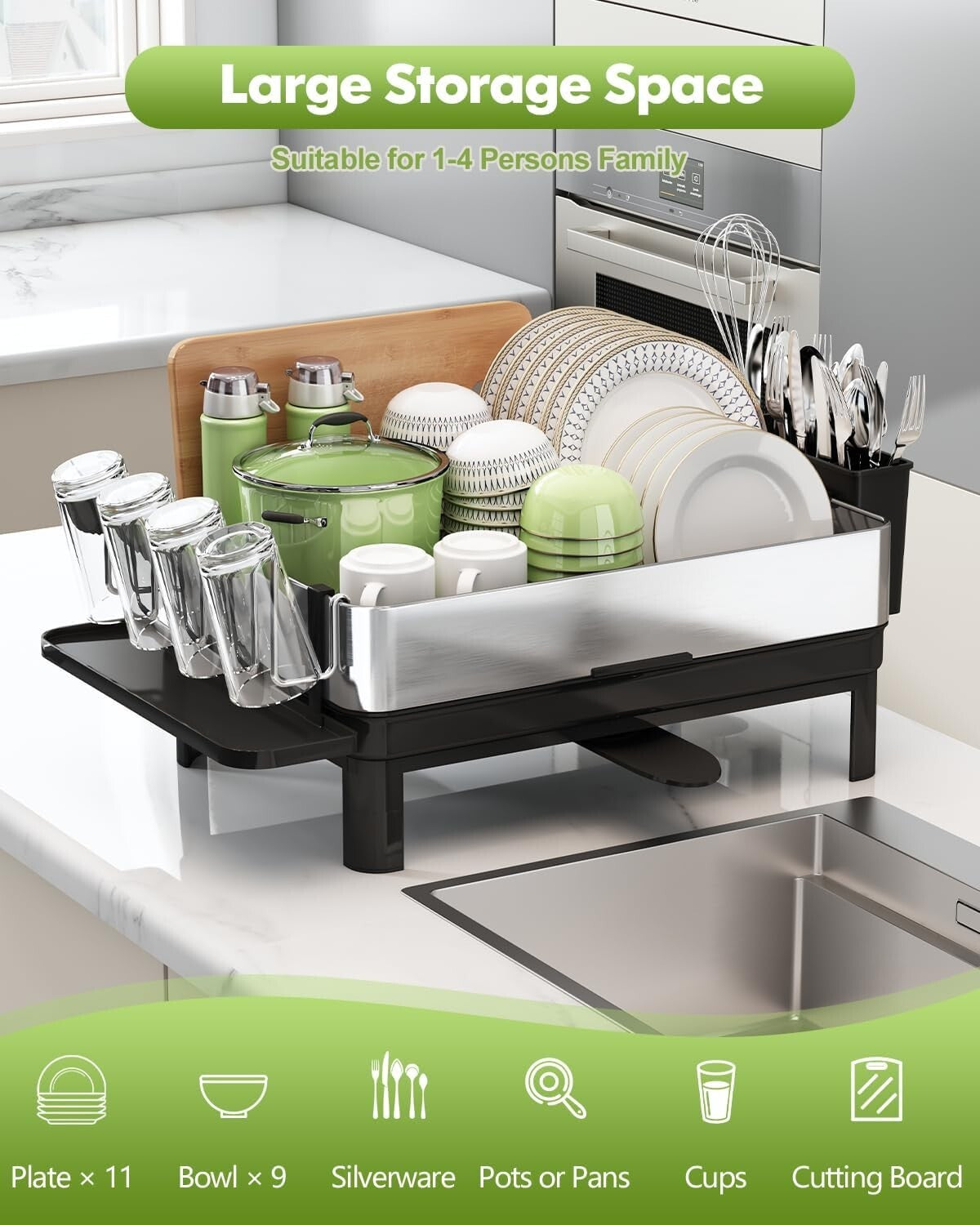 1-Tier Compact Dish Drainer with Utensil and Cup Holders for Kitchen Counters