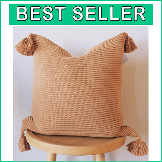 20x20 Baked Clay Cotton Pillow Cover with Tassels - Textured Rib Knit Design