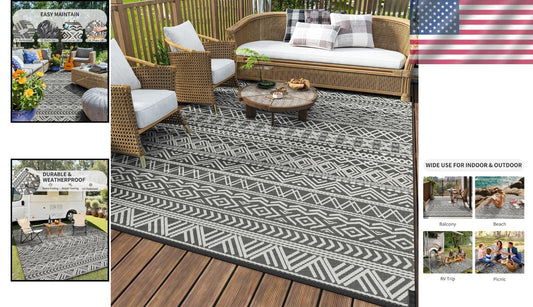 Stylish Grey Water-Resistant Outdoor Area Rug - Ideal for Patios and Balconies