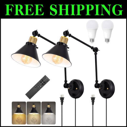 2-Pack Dimmable Wall Sconces with Adjustable Color & Remote - Black Metal Finish