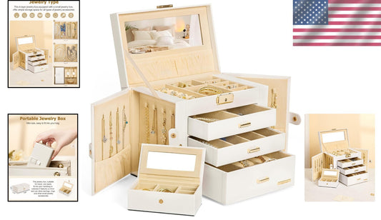 Waterproof Jewelry Organizer with Lock and Mirror - Modern White & Gold Design