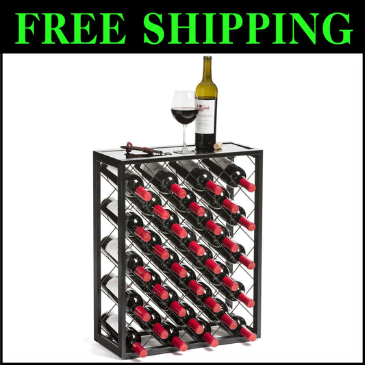Modern Free-Standing Wine Rack with Tempered Glass Top - Holds 32 Bottles