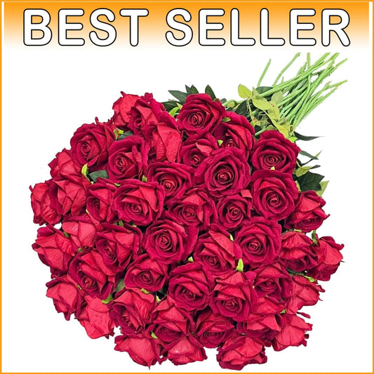 50PCS Velvet Artificial Roses - Realistic Long Stem Faux Flowers for Weddings
