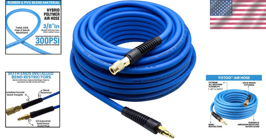 Heavy Duty 3/8-Inch Air Hose 100 Feet - Kink Resistant, Blue with Quick Couplers