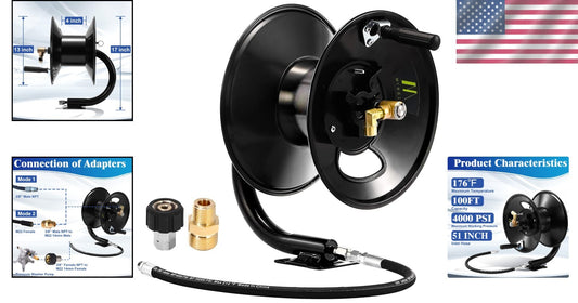 Wall-Mount 100ft Heavy-Duty Pressure Washer Hose Reel with Quick-Release Pins