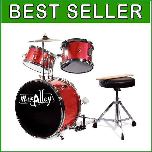 Authentic 3-Piece Drum Set for Kids with Adjustable Throne and Bass Pedal - Red