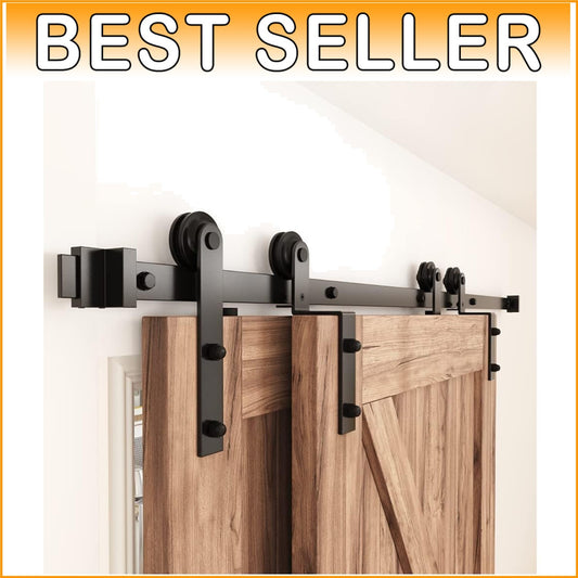 6FT Rustic Bypass Sliding Barn Door Hardware Kit for Double Doors - Black Steel