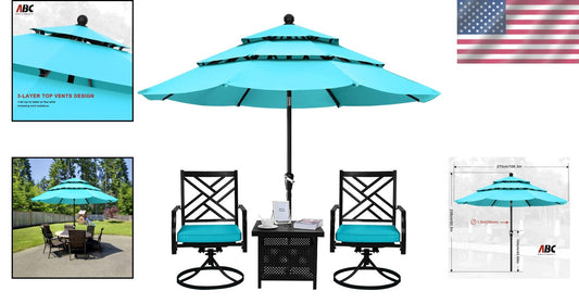 9FT Waterproof Patio Umbrella - 3-Tier Turquoise Shade for Outdoor Relaxation