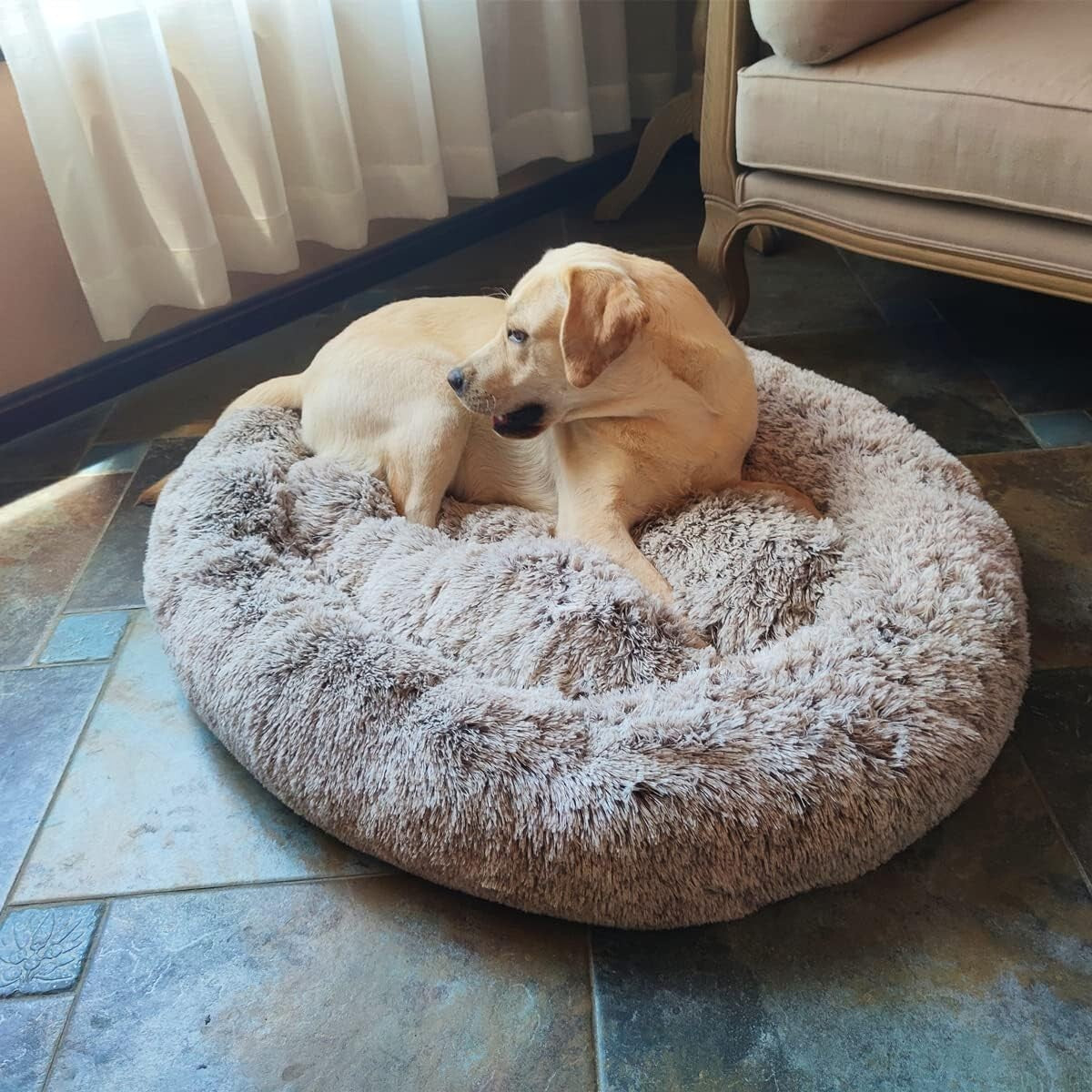 Luxurious Light Brown Faux Fur Pet Bed - Calming Cuddler for Medium Dogs
