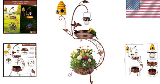 Vintage Solar-Powered Bird Bath with Bird House and Planter for Outdoor Charm