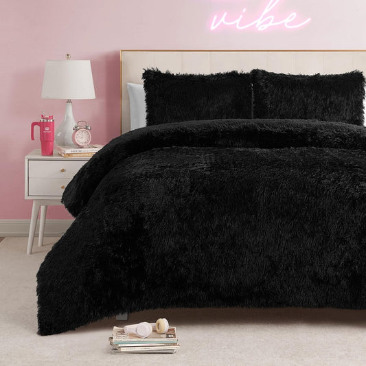 Luxurious Shaggy Faux Fur Black King Comforter Set - 3-Piece Glam Bedding