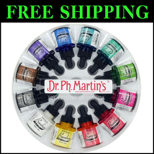 Vibrant Bombay India Ink Set - 12 x 1.0 oz Bottles with Droppers & Palette