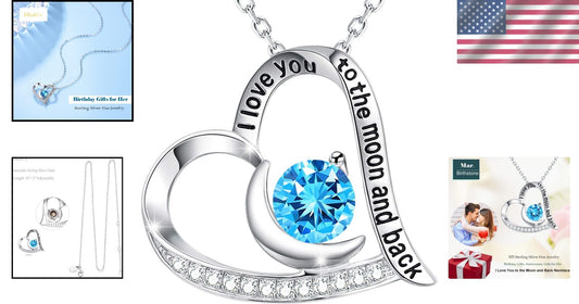 Adjustable Love Heart Necklace with Blue Aquamarine Birthstone - Special Gift