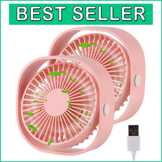 2-Piece Ultra Quiet Portable Pink Table Fan with 360° Rotation & USB Power