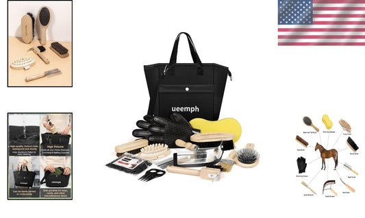 Durable Horse Grooming Set with Brushes, Gloves & Storage Tote - Black Edition