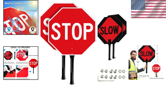 18x18 Double-Sided Stop Slow Sign with Metal Handle, 2 Pack - Reflective Safety