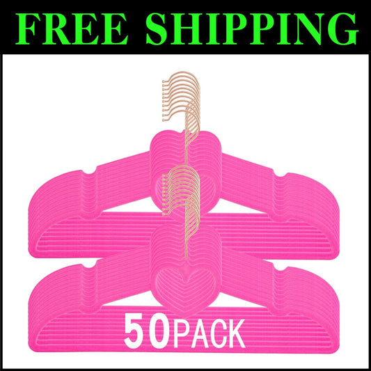Premium Non-Slip Velvet Hangers 50 Pack - 360 Swivel Rose Gold Hooks, Hot Pink