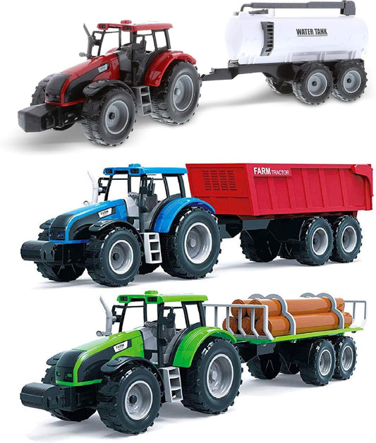 16-Inch Tractor Trailer Play Set - 3 Friction-Powered Farm Vehicles for Kids