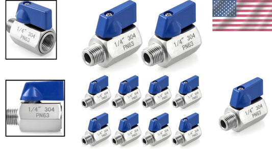 Durable 1/4" NPT Mini Ball Valve Pack - 10 Stainless Steel Shut-Off Valves