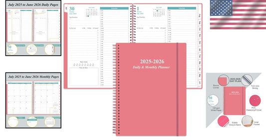 2025-2026 Stylish Daily & Monthly Planner - One Page Per Day, Pink 8.5”x11”