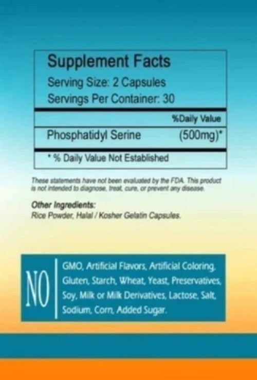 Phosphatidyl Serine 500mg-Focus & Memory 60 Capsules, GMO Free PS500