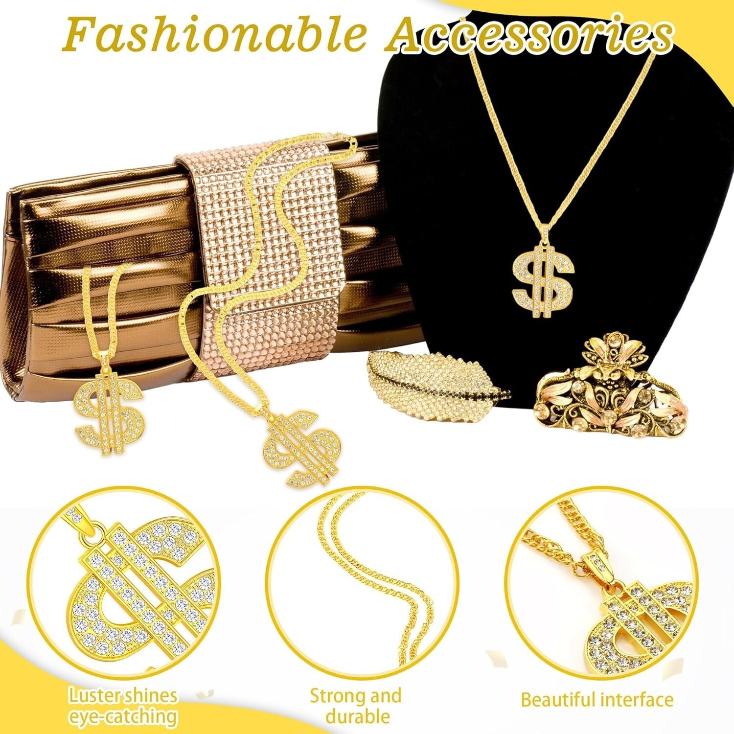 Exquisite Gold Dollar Sign Hip Hop Necklace for Casual and Costume Wear