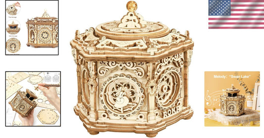 Handcrafted Vintage Music Box Puzzle with Ballerina & Hidden Trinket Compartment