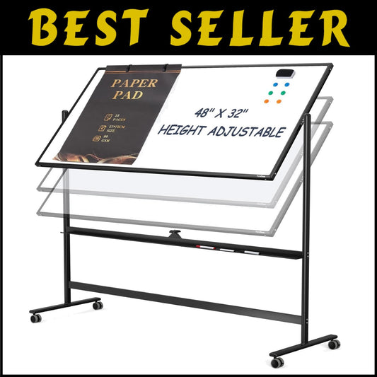 Versatile 48"x32" Reversible Dry Erase Whiteboard with Smooth Surface & Wheels