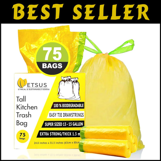 Durable 13 Gallon Plant-Based Drawstring Trash Bags - 75 Count Eco-Friendly Pack