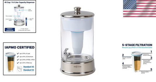 40-Cup IAPMO Certified Glass Water Filter Dispenser with 5-Stage TDS Meter