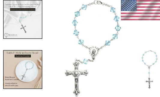 Unique 8-Inch Auto Clasp Rosary with Aquamarine Beads & Silver Plate Crucifix
