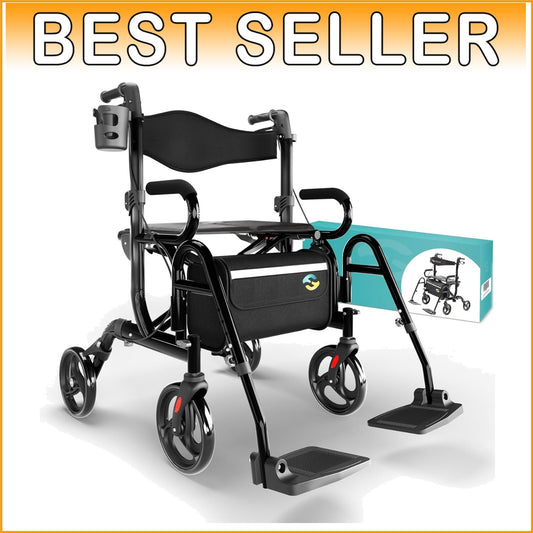 Lightweight Aluminum Rollator - Convertible Walker to Transport Chair, 300 lbs