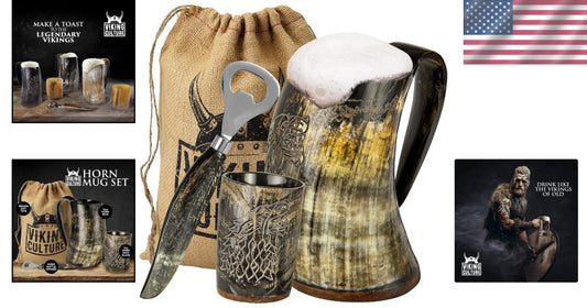 Authentic 16oz Ox Horn Mug Set: Vintage Viking Tankard with Shot Glass & Opener