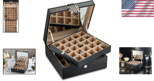 Deluxe Jewelry Box - 50 Compartment Earring Organizer with Mirror & Gift Box