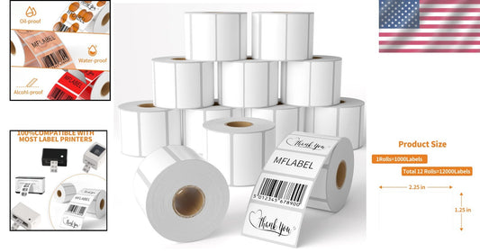 12 Rolls of Fade-Proof Thermal Labels for Shipping - 2.25'' x 1.25'' Rectangular