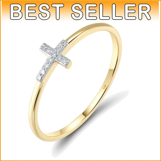 10K Solid Gold Dainty Cross Ring with White Diamond - Perfect Gift for Her