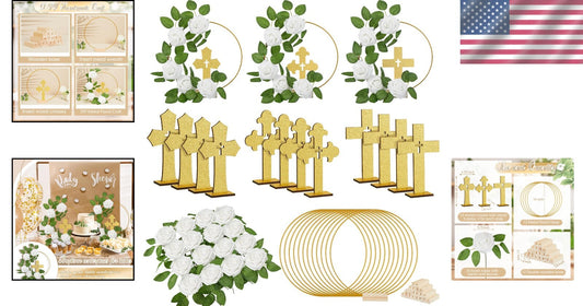 48 Pcs Gold & White Baptism Centerpieces: Wood Crosses, Floral Hoops & Roses