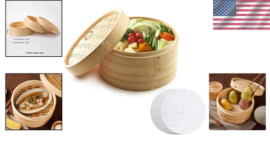 12-Inch Bamboo Steamer Set with 100 Parchment Liners for Healthy Cooking