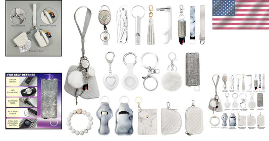 Chic PU Leather Wristlet Keychain Set with Pom Pom & Safety Alarm Accessory