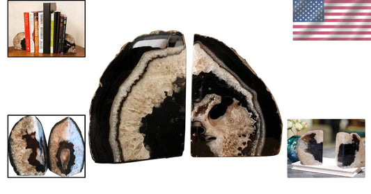 Elegant Heavy Duty Black Agate Bookends - 1 Pair of Unique Crystal Book Holders