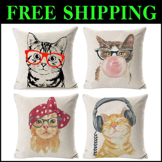 Creative Cat-Themed Decorative Pillow Covers, 4 Pack 18" x 18" Zippered Design