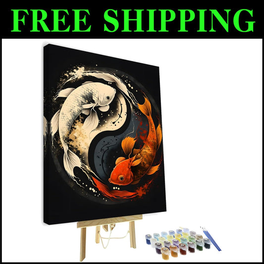 Koi Fish Paint by Numbers Kit - 16x20 Inch Framed Yin Yang Design for Beginners