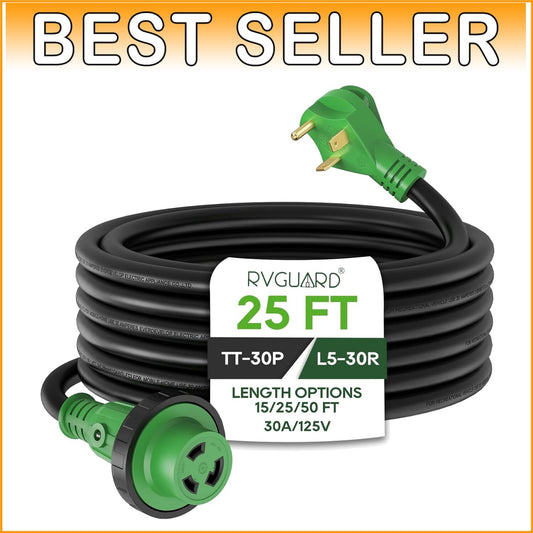 30 Amp 25ft Heavy Duty RV Power Extension Cord with LED Indicator & Organizer