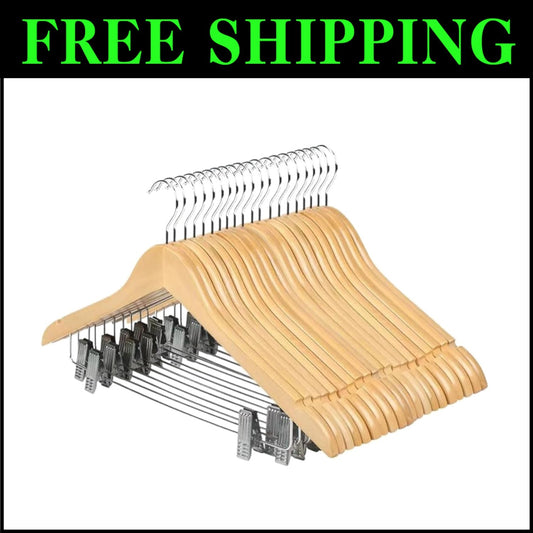 20 Pack Premium Wooden Hangers with Clips for Elegant Wardrobe Organization