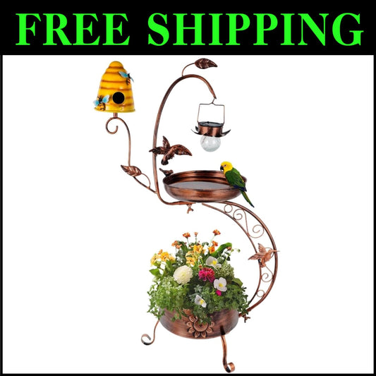 Vintage Solar-Powered Bird Bath with Bird House and Planter for Outdoor Charm