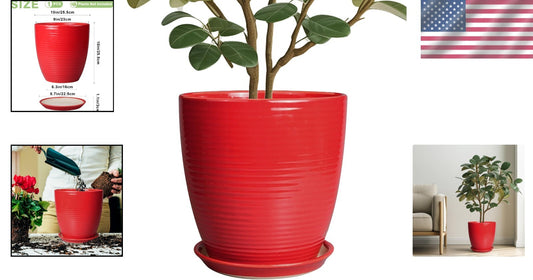 Stylish Round Red Ceramic Planter 10 Inch - Perfect for Flowers & Gifts