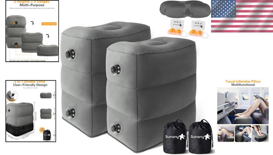 Adjustable Inflatable Foot Rest Pillow for Travel & Office - 2 Pack (Dark Grey)