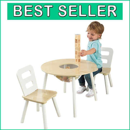 Wooden Round Table & 2 Chair Set with Hidden Storage for Kids Playrooms