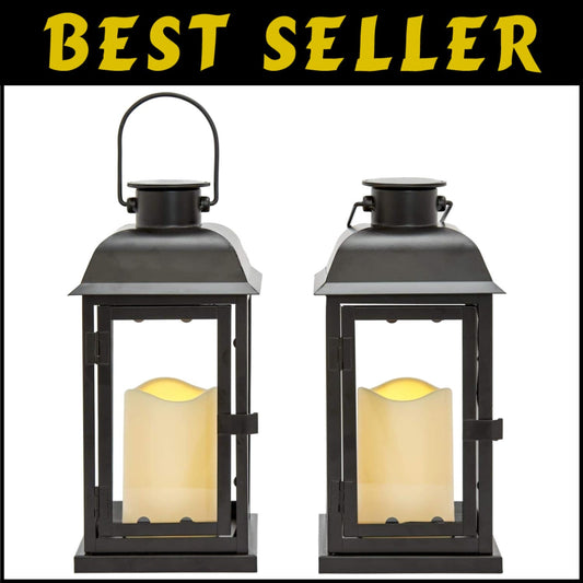 Modern 11 Inch Tall Solar Lantern Set with Stylish Black Metal and Glass Design
