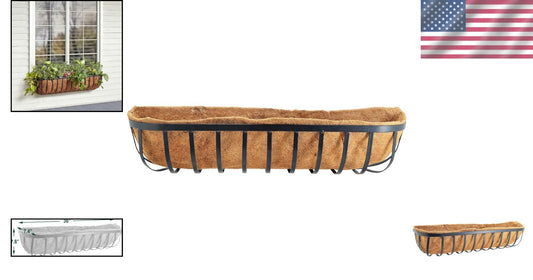 Rectangular Powder-Coated Metal Wall Planter with Natural Coconut Liner - 36"